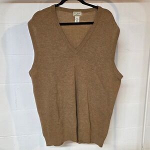 Vintage LL Bean Mens Large Tall Lambswool V-Neck Sweater Vest Camel Tan